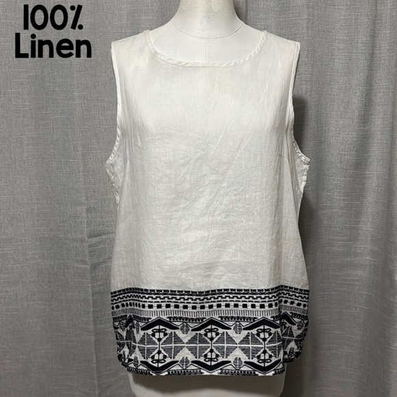 Artisan Ny Tops - 100% Linen-Artisan NY Tank Top-Sz L-Sleeveless-White-Navy Embroidery-EUC